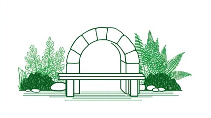Stone archway bench in garden setting illustration for relaxation