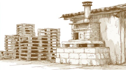Rustic oven and pallets hand drawn illustration depicting storage and cooking