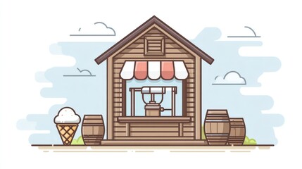 Cartoon ice cream stand with barrels and cone vector illustration