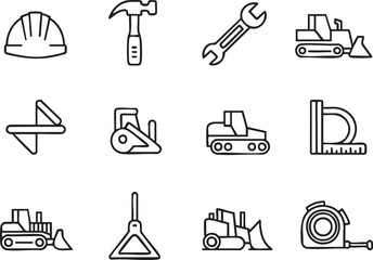 Collection of construction and repair tools and heavy machinery icons hardhat helmet