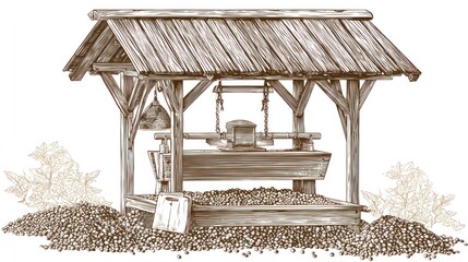 Rustic wooden well illustration architectural detail and decorative elements