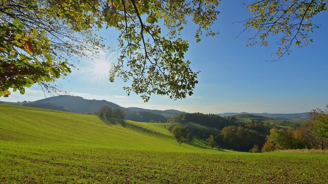 Weite gr&uuml;ne Wiesen unter strahlender Sonne und klarem Himmel f&uuml;r eine nat&uuml;rliche, friedliche Stimmung, V&ouml;ckelsbach, M&ouml;rlenbach, Landkreis Bergstrasse, Odenwald, Hessen, Deutschland, Europa 