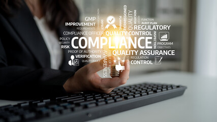 A business professional holds a light bulb symbolizing ideas while surrounded by keywords related to compliance and quality control in a modern office setting. Tessel
