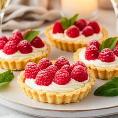 Delicious Raspberry Tartlets with Cream and Mint, dessert , pastry