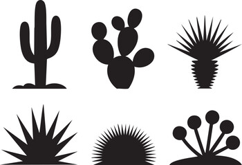 Six black silhouette desert plants and cacti on a white background cactus