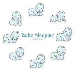 Cute cartoon baby sleeping icon set with newborn infants in various peaceful poses for design resour