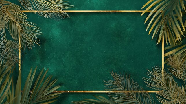  glamorous layout, deep green glossy tropical palm leaves around borders, thin gold frame in the middle, high-fashion luminous glitter effect against emerald green