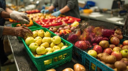 Volunteers sorting fresh produce at food bank donation center for community support