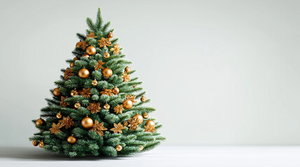 Green Christmas tree decorated with gold ornaments on neutral background  