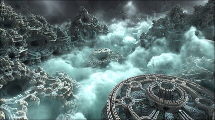 A surreal dream world of machines, robotic landscapes morphing into neural networks, glowing clouds of data and light, highly detailed sci-fi atmosphere, 