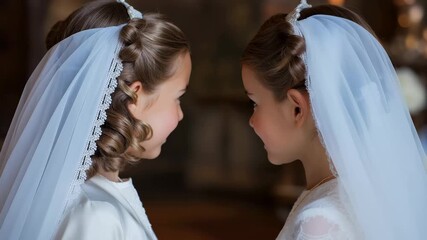 two happy young girls in white first communion dresses, two joyful young girls in white first communion dresses