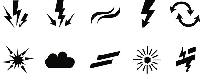 Electricity and Weather Icons Set – Lightning, Energy, Power, Shock, Cloud, Burst, Sun, Refresh Symbols