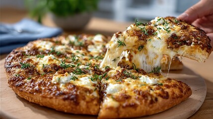 Closeup of a hand taking a slice of a Italian homemade pizza with a lot of melting cheese.