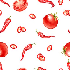 Seamless pattern Illustration with hand-drawn red tomatoes, chili peppers, and pepper slices on a white background