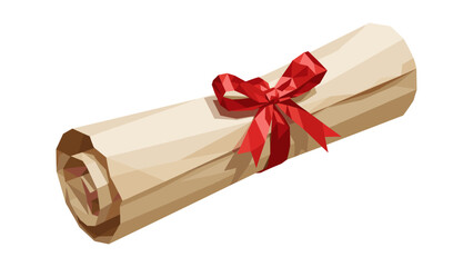 Low poly illustration of a rolled scroll tied with a red ribbon on white background