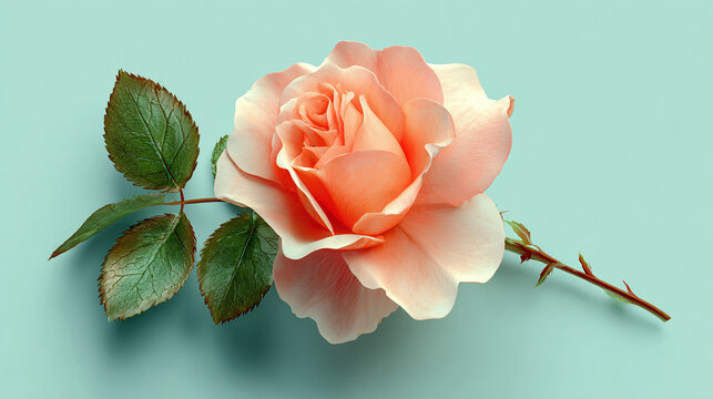 A single, beautiful rose in full bloom, showcasing delicate petals and vibrant colors. The leaves and stem are a contrast to the soft bloom