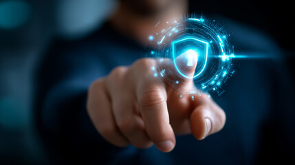 Faceless cybersecurity expert activating secure data protection shield with digital interface, defocused security implementation, encryption activation, privacy safeguarding moment