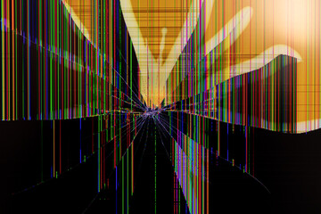 Severely cracked LCD screen displaying vibrant vertical pixel lines from impact, symbolizing technology damage, malfunction, and abstract digital error