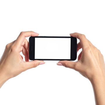 Hands holding a smartphone horizontally with a blank white screen against a black background.