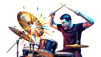 Abstract illustration of a drummer playing a drum kit with energy