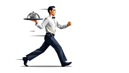 Obraz premium Waiter running with a cloche, geometric illustration on white background
