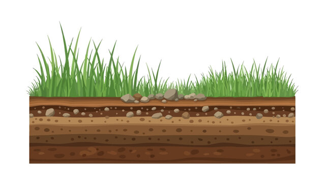 an illustrative depiction of a soil profile showcasing various layers from topsoil to subsoil with visible grass blades and small stones