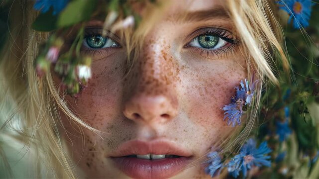 Portrait of a delicate blonde woman's face with green blue eyes covered with wild summer flowers