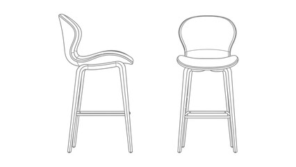 A detailed illustration showcases two modern bar stools from side and back perspectives emphasizing their sleek design and metallic framing