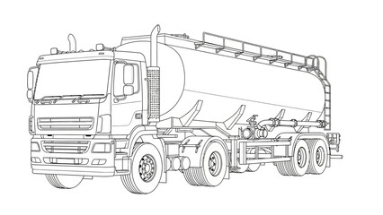 a detailed line drawing showcases a large tanker truck emphasizing its industrial design and functional components presenting a clear side view