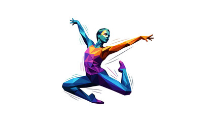 Geometric illustration of a dancer in mid-air with colorful polygonal design