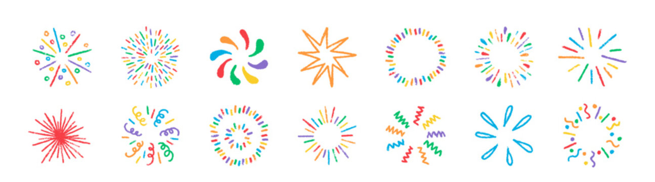 Crayon doodle confetti set. Color pencil hand drawn firework symbol. Chalk color birthday confetti circle. Crayon graphic design element. Vector illustration isolated on white background.