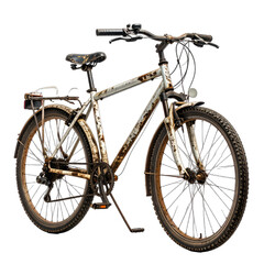 A severely rusted, old white bicycle isolated against a black background.