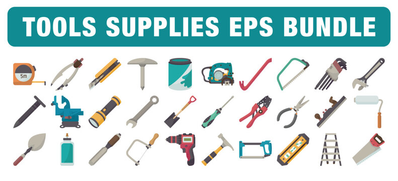 Construction tools and hardware components icon collection bundle featuring hand tools, power tools, workshop equipment, industrial repair tools, DIY tools, mechanical parts, and building materials