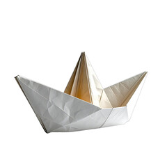 A close-up studio photograph of a white paper origami boat against a black background.