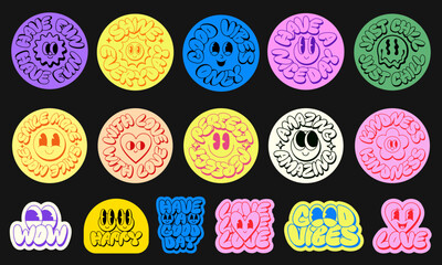 Set Of Retro Funky Stickers. Collection Of Groovy Funny Characters. Y2k Badges Pop Art Vector Design. Cool Trendy Labels.