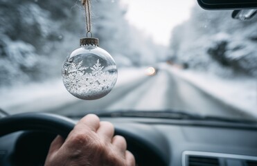 Christmas ornament hanging in car with snowy road view