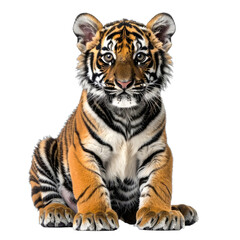 Obraz premium A captivating studio portrait of a young tiger cub against a solid black background.