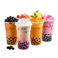 A vibrant array of five different colorful bubble teas with various toppings and chewy pearls, isolated on a black background.