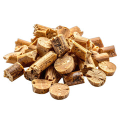A pile of chopped or stick pieces of dried natural aromatic wood or resin against a black background.