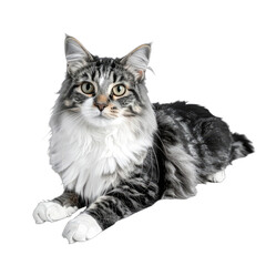 A striking portrait of a silver tabby Maine Coon cat with a white bib against a black background.