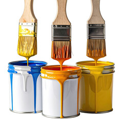Three paint brushes dripping bright yellow and orange paint into open cans against a black background.