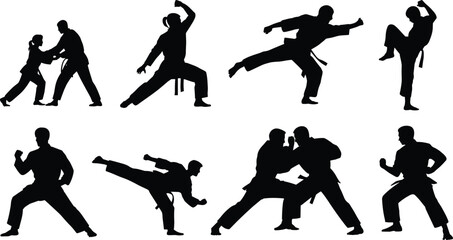 Set of martial arts silhouettes showing karate fighting techniques, dynamic kicks, defense stances, sparring actions, and training poses for sports and self-defense illustrations