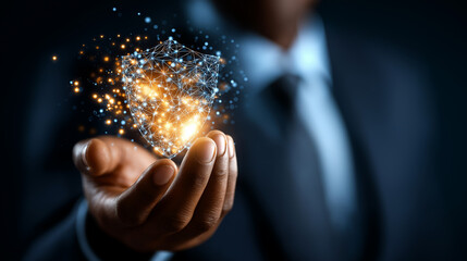 Future-focused faceless professional presenting radiant digital shield, embodying cutting-edge cybersecurity and data integrity, defocused security representation, protection visua