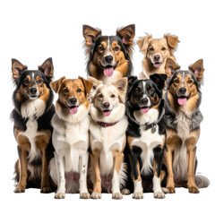 A group portrait of seven happy dogs against a black background.