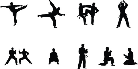 Collection of martial arts silhouettes featuring various karate, kickboxing, and training poses, including combat stances, practice movements, and kneeling meditation positions for sports 