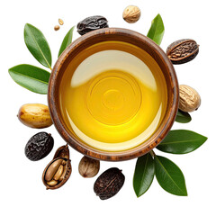 Golden Shea Butter Oil in Wooden Bowl Surrounded by Nuts and Green Leaves