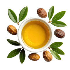 Aromatic Jojoba Oil Bowl Surrounded by Nuts and Fresh Leaves on Black Background