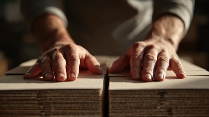 Hands organizing cardboard boxes in a warehouse setting for efficient packaging and distribution