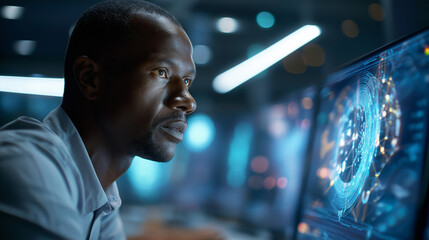 Faceless cybersecurity expert working intensively in futuristic control room with glowing screens, defocused advanced security operations, high-tech monitoring center, threat detec