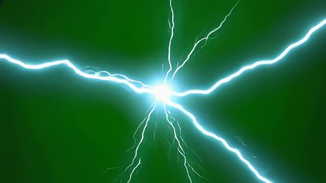 Intense Lightning Bolt With Electric Sparks on Green Screen Background